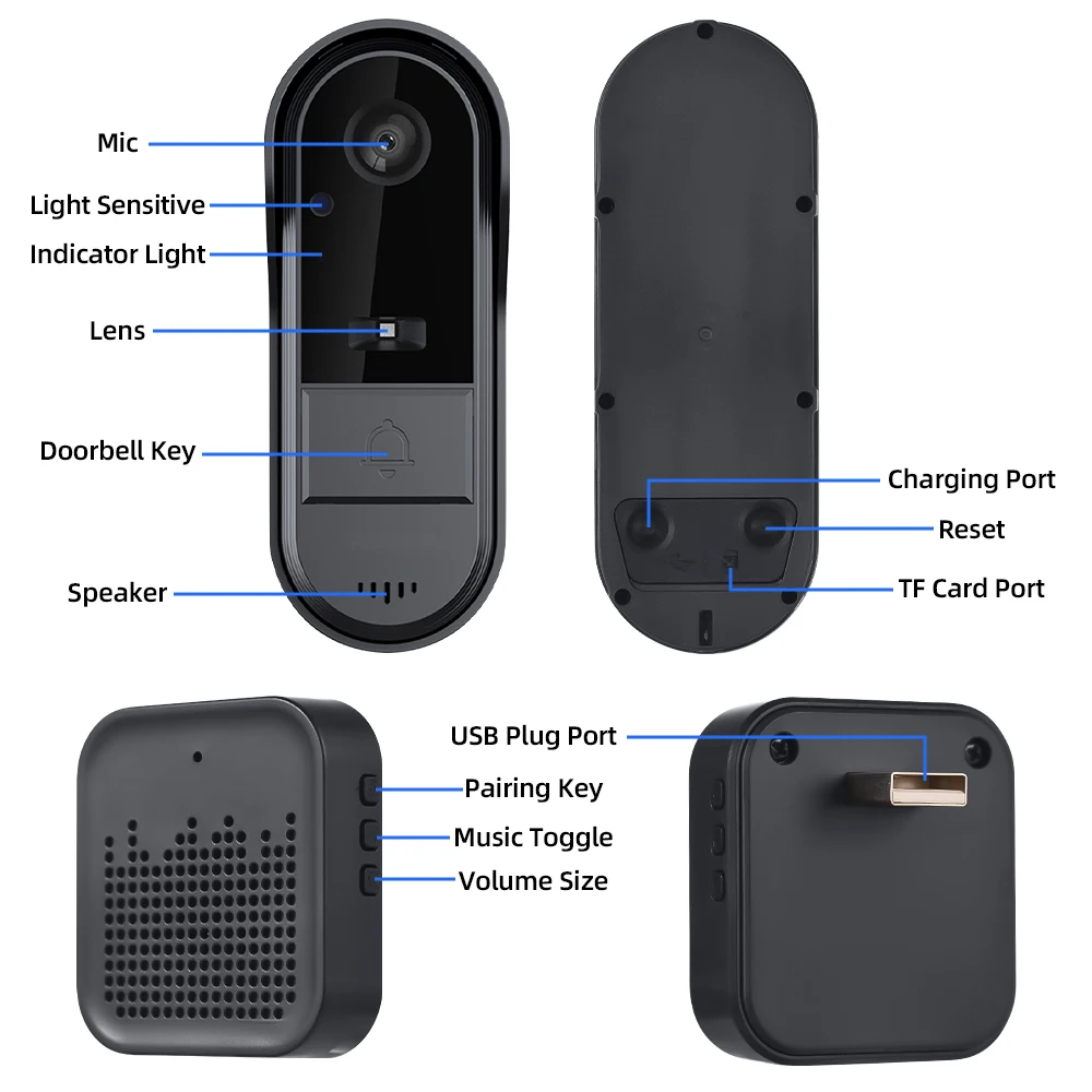 무선 비디오 초인종 카메라, 무선 차임벨, 양방향 오디오, 투야 앱 제어, 야간 시청, 2.4G 와이파이 전용 TF