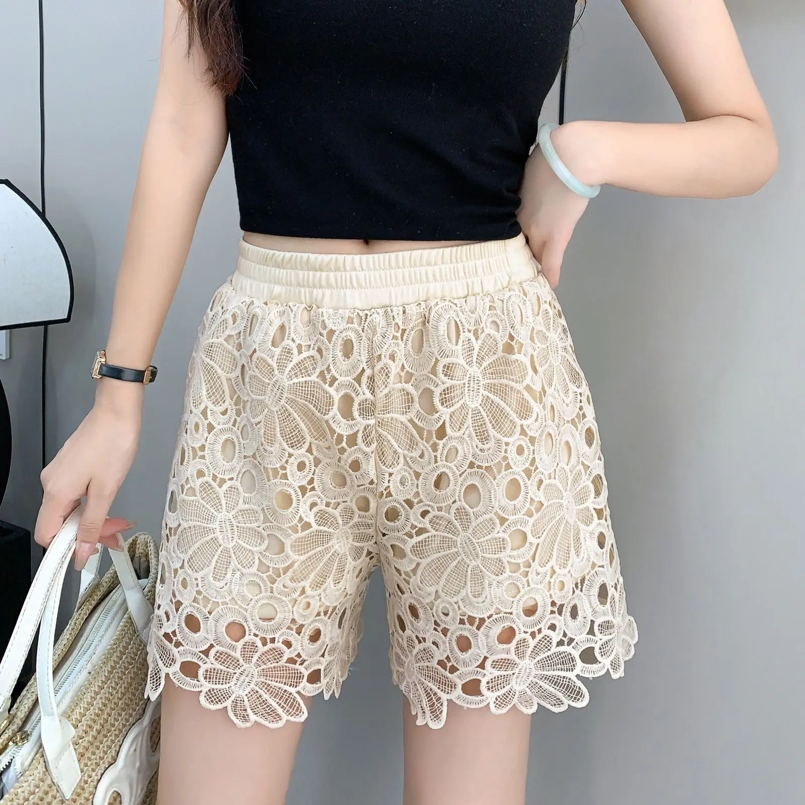 

VLace Shorts Summer Patchwork Hollow Thin Style New High Waist Casual Small Fresh Lace Five Quarter Pants Versatile