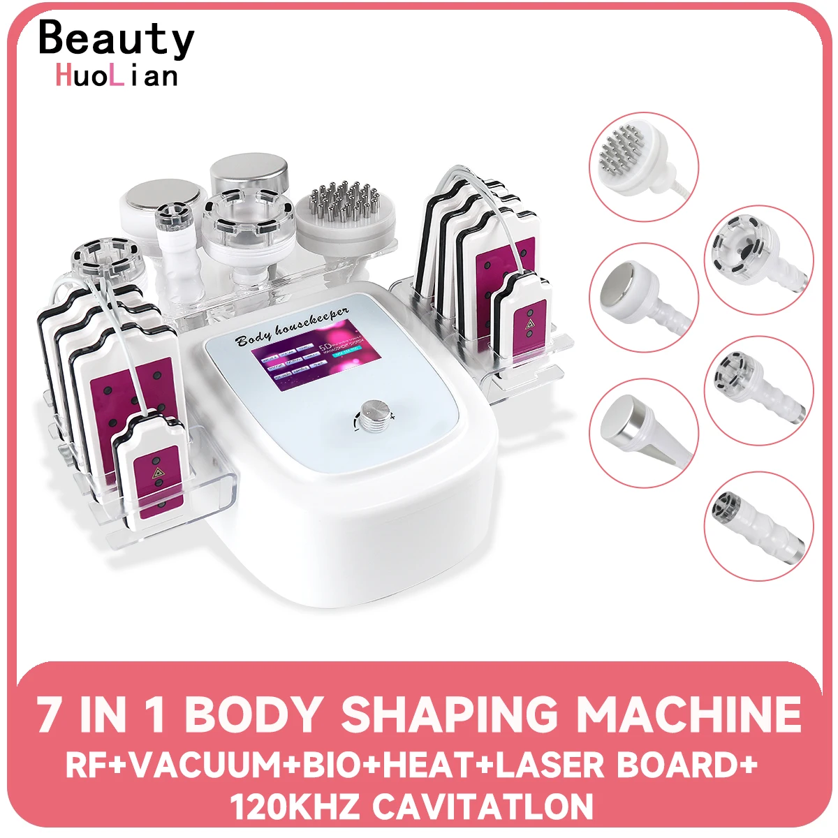 7 In 1 120K Ultrasonic Cavitation Vacuum Radio Frequency Purple Laser 8 Pads Lipo Slimming Machine Body Shaping Massage Salon