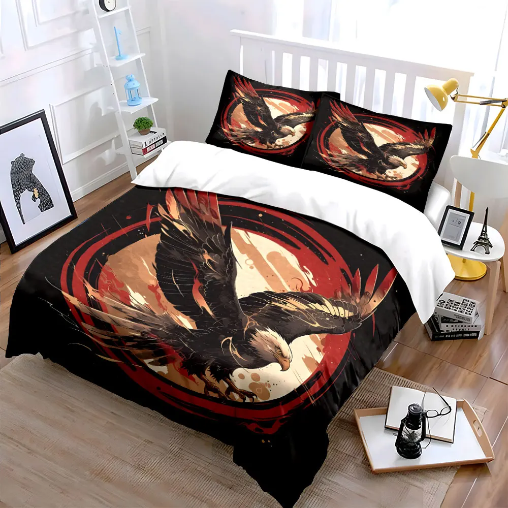Eagle flying with red circular backdrop Bedding Set for Kids Luxury Gift 3pcs Digital Print Comforter Set Soft Comfortable