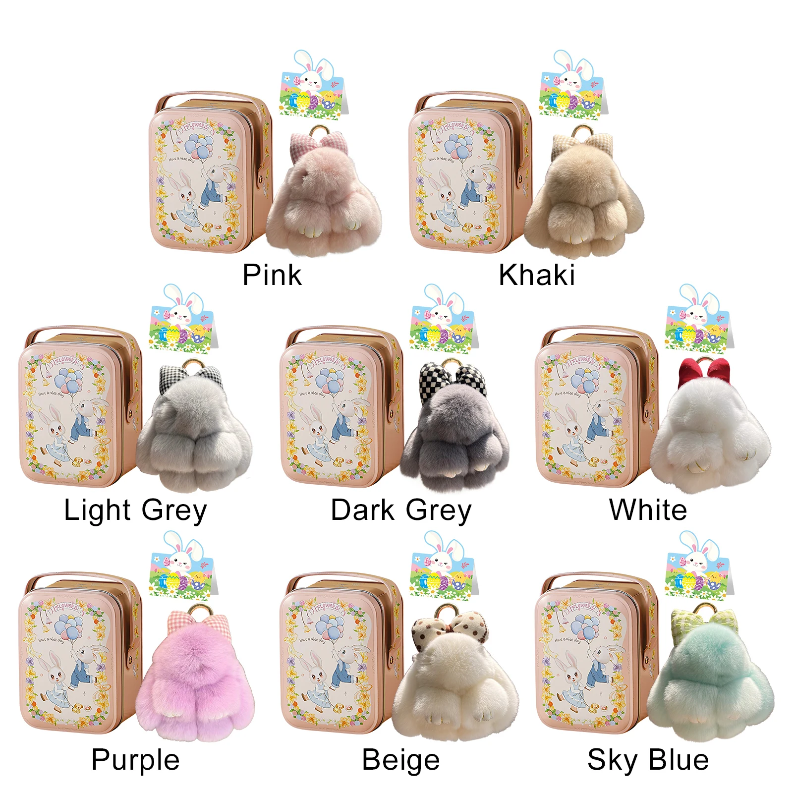 Bunny Keychain with Tin Box & Card Bunny Plush Key Chain Handmade with Metal Buckle for Women Car Bags Backpacks Easter Gift