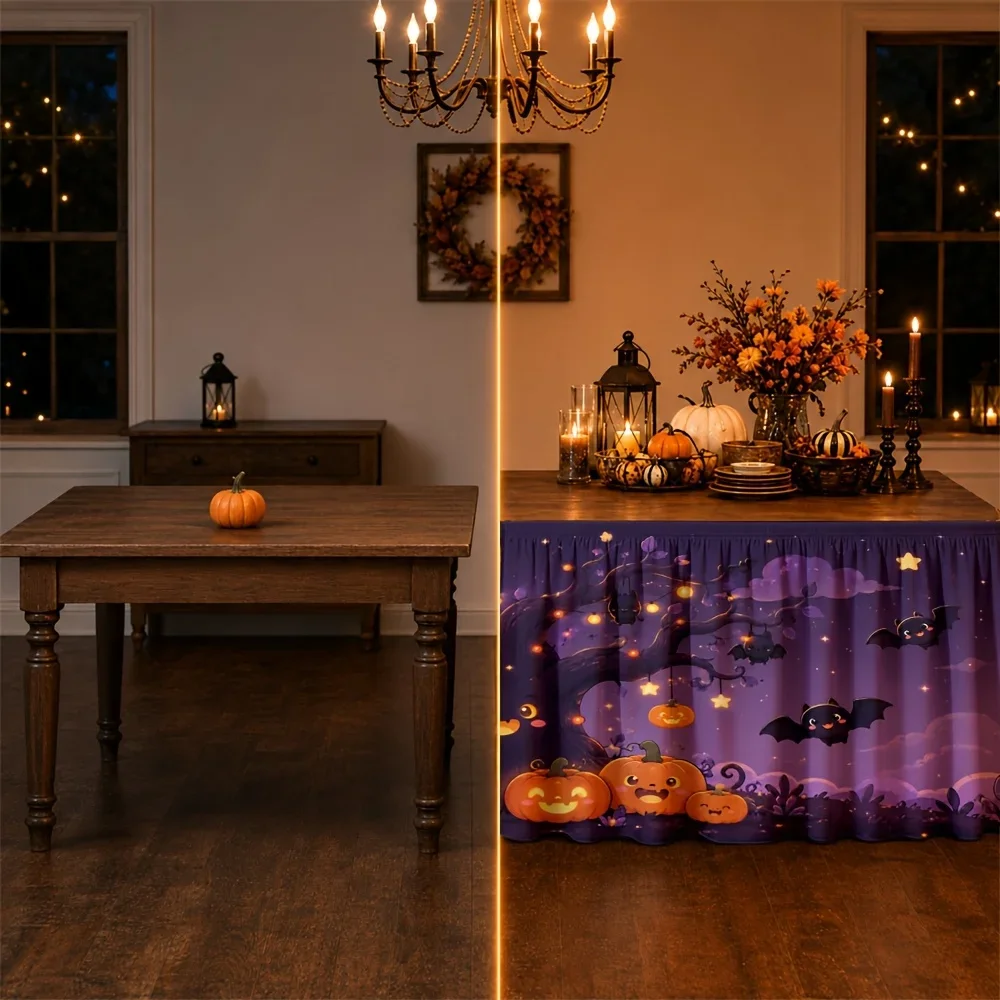 Send a set of tablecloth and tablecloth skirt, 1-piece package. Halloween pumpkin tree, bat, glowing moon, purple color. YZB