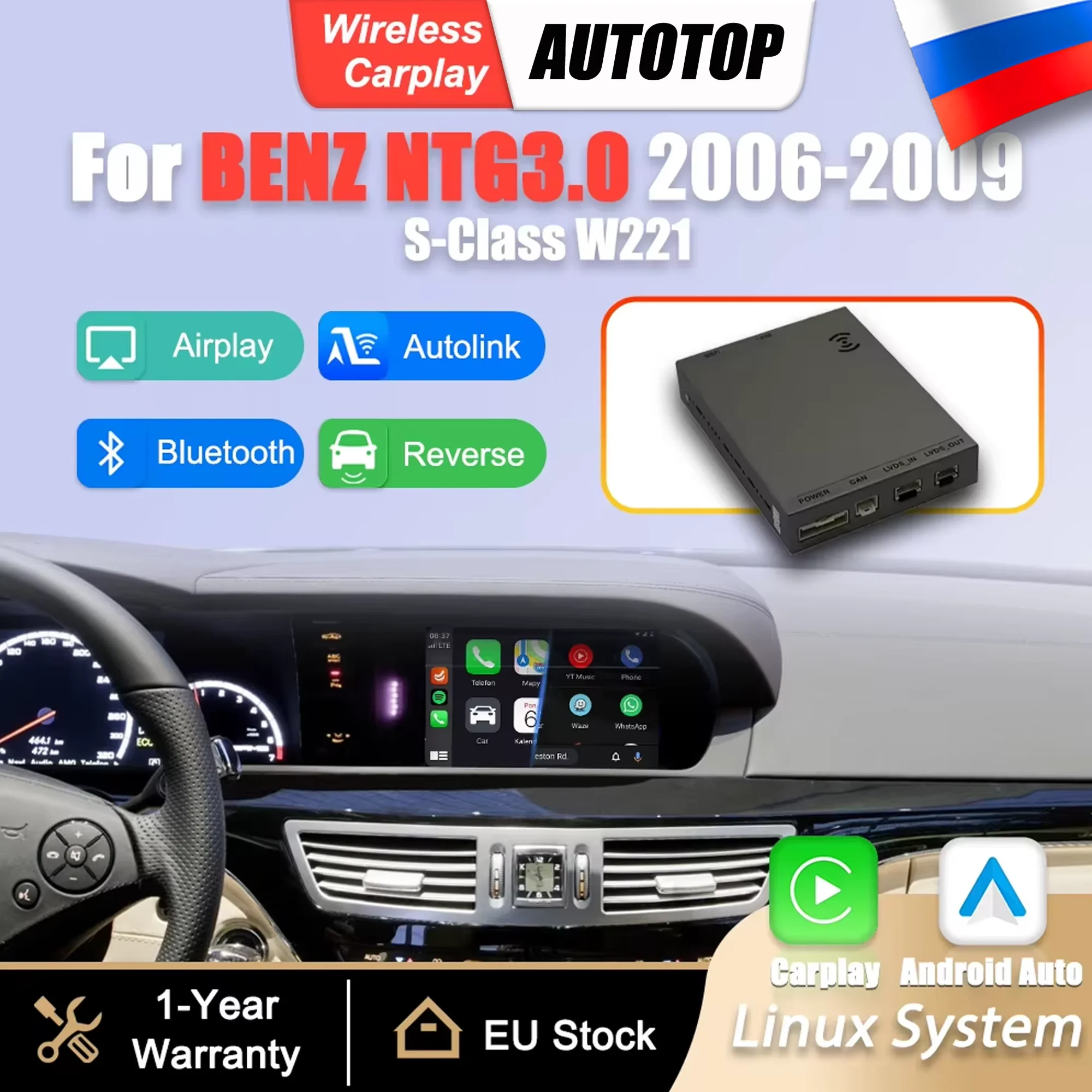 Pour Mercedes Benz NTG3.0 Classe S W221 2006-2009 Adaptateur d'interface sans fil CarPlay Android Auto Boîte de liaison miroir Airplay Bluetooth Module de navigation GPS