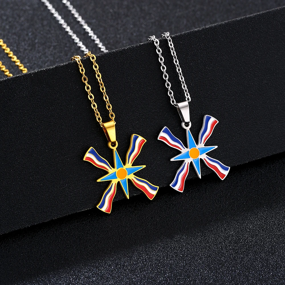

Stainless Steel Enamel Assyrian Flag Pendant Necklace New Fashion Anti-Scratch Men Women Patriotic Jewelry
