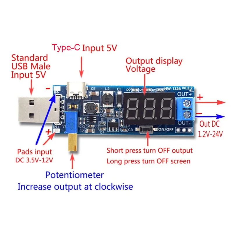 USB Type-C 5V to 1.2V-24V Boost/Buck Converter Module DC-DC  Step Up/Down Adjustable Power Supply Electronic DIY