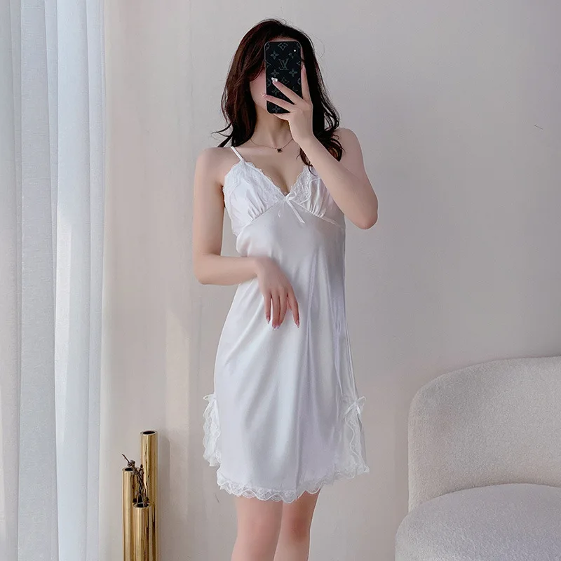 2023 NEW Sexy V-Neck Lace Sleep Robe Summer Womans Pajamas Sleepwear Lady Home Wear Nightgown Bath Gown Sleepshirts Silk Robe