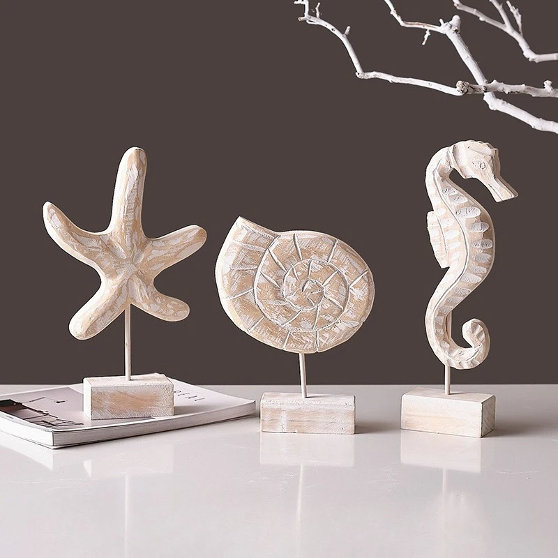 

3PCS/SET Wooden Starfish Conch Seahorse Figurine Ornaments Mediterranean Style Coastal Beach Room Garden Decoration for Bedroom