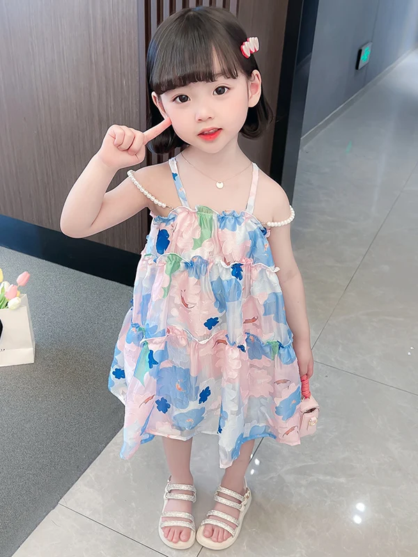 Verano estampado Floral correa de perlas Dr niñas dulce Princ falda ropa para niños bebé niña Dr moda y Sli