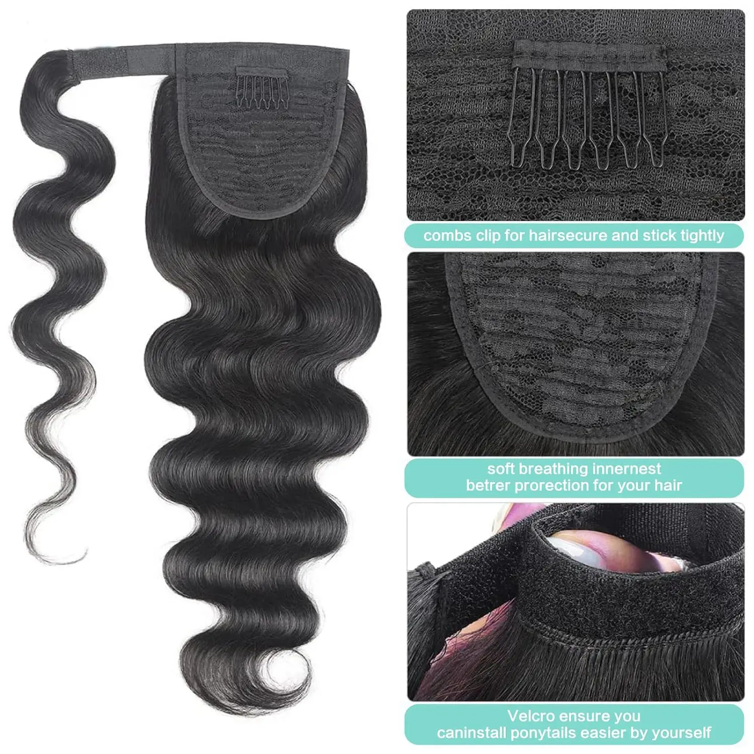 Hair Extensions clip in Natural Black Body Wave Real Human Hair Ponytail Extension Wrap Long Wavy Pony Tail for Women