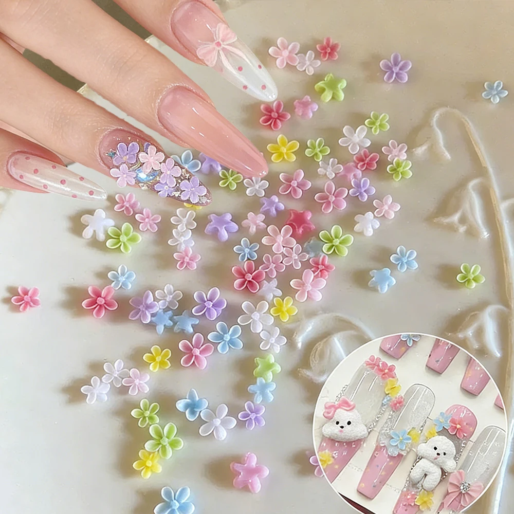 

50Pcs Mixed Resin Mini Colorful Flower Nail Charms Flat-Back 3D Frangipani Five-Petal Floral Chic Nail Art Decorations Supplies