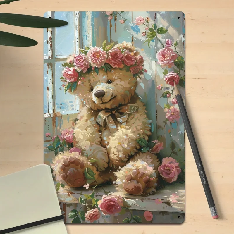 2D Flat, Room Decor Vintage Floral Teddy Bear Metal Wall Art, 8.0x12.0inch Iron Tin Sign, 2D Printed Decorative Plaque with High