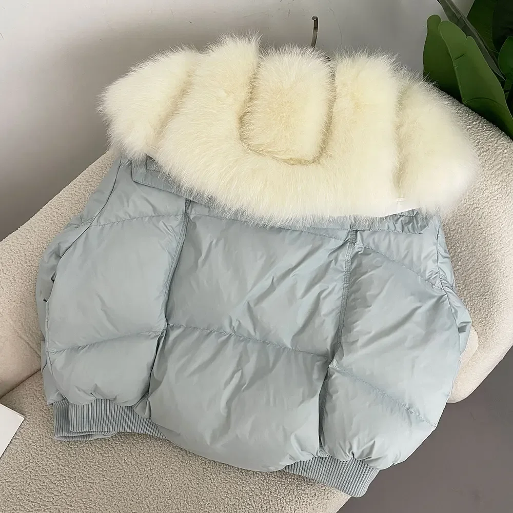 2024 Autumn Winter Versatile Loose Casual Down Jacket Warm Thickened 90% White Duck Down Spliced with Oversized Fox Fur Collar