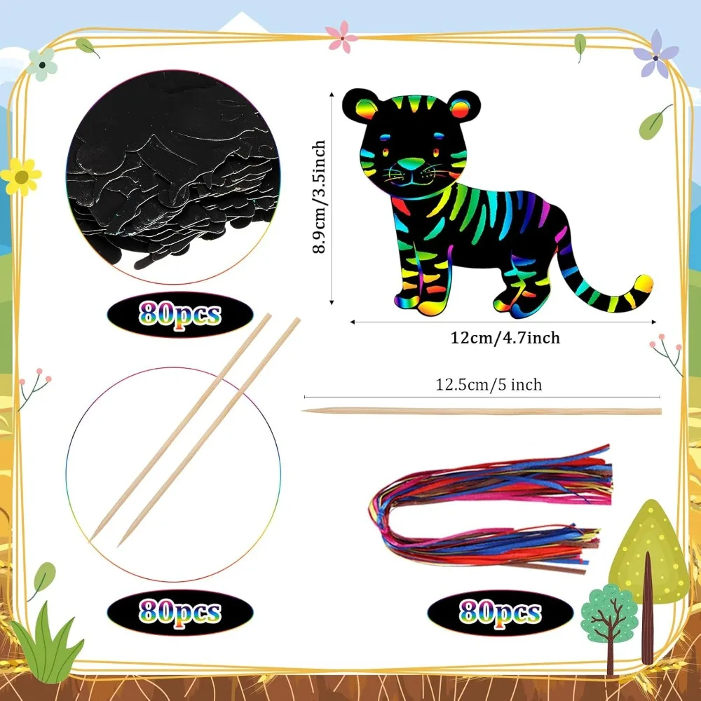 80 قطعة من بطاقات خدش حيوانات سفاري الغابة هدايا الحفلات الملونة البرية خدش اللوحة الورقية للأطفال لتقوم بها بنفسك مجموعة الحرف الفنية مع 80