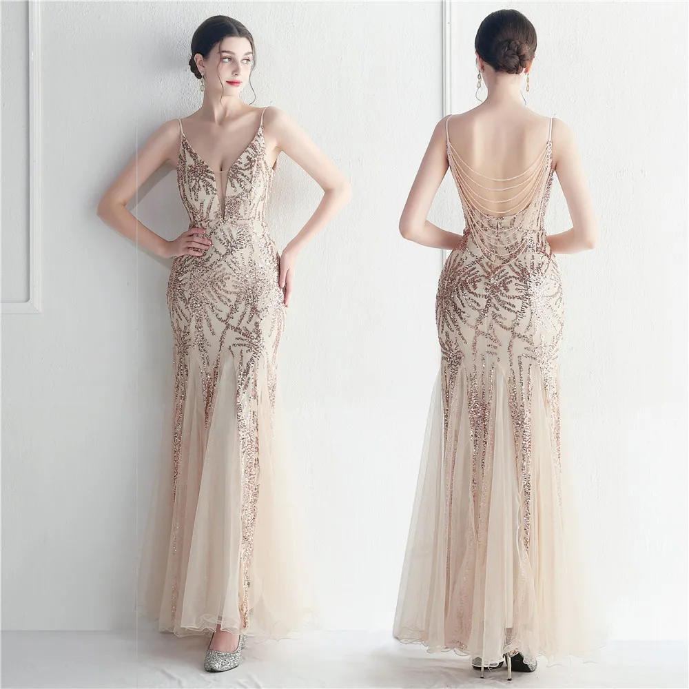 

Evening Dress Champagne Sequins Stretchy Spaghetti Straps Beads Zipper Back Mermaid Trumpet Floor Length Women Party Formal Gown