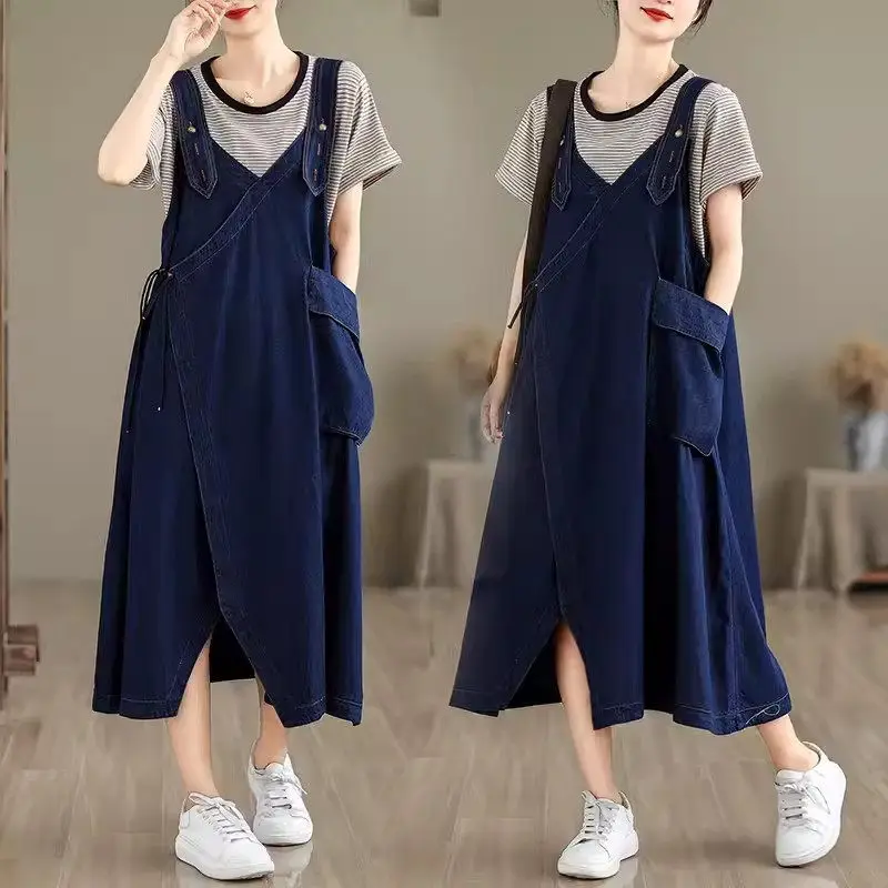 

Iregularly Split Denim Strap Dress For Women 2024 Summer Design Loose Fitting Vintage Sleeveless Jeans Overall Dresses K783