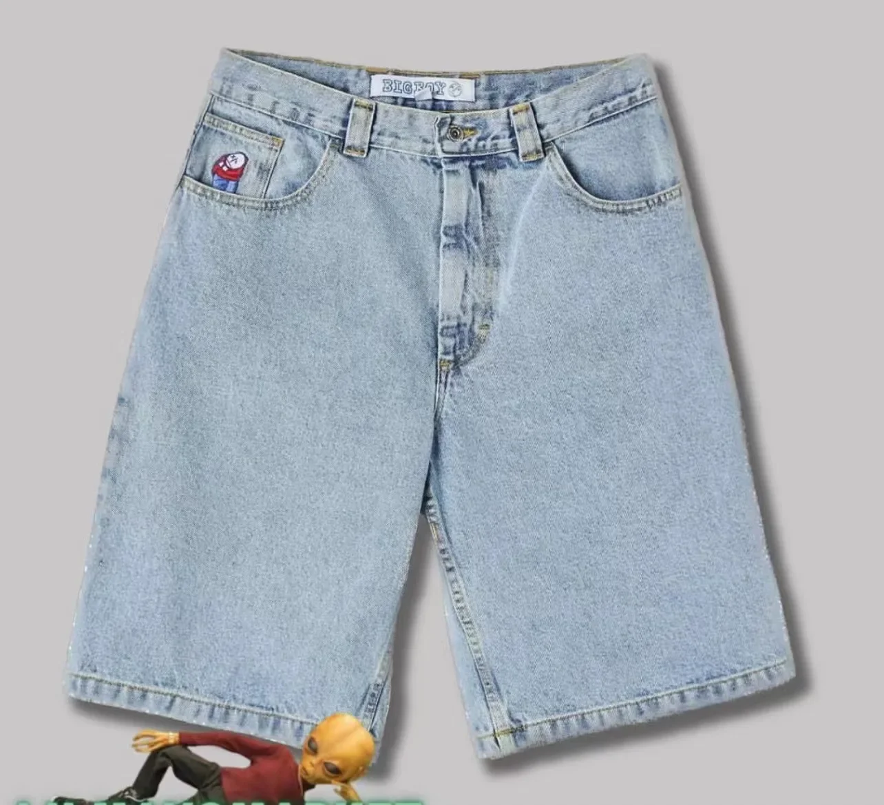 Pantalones cortos para hombre, Vaqueros holgados con bordado, ropa de calle para chico grande, 1990