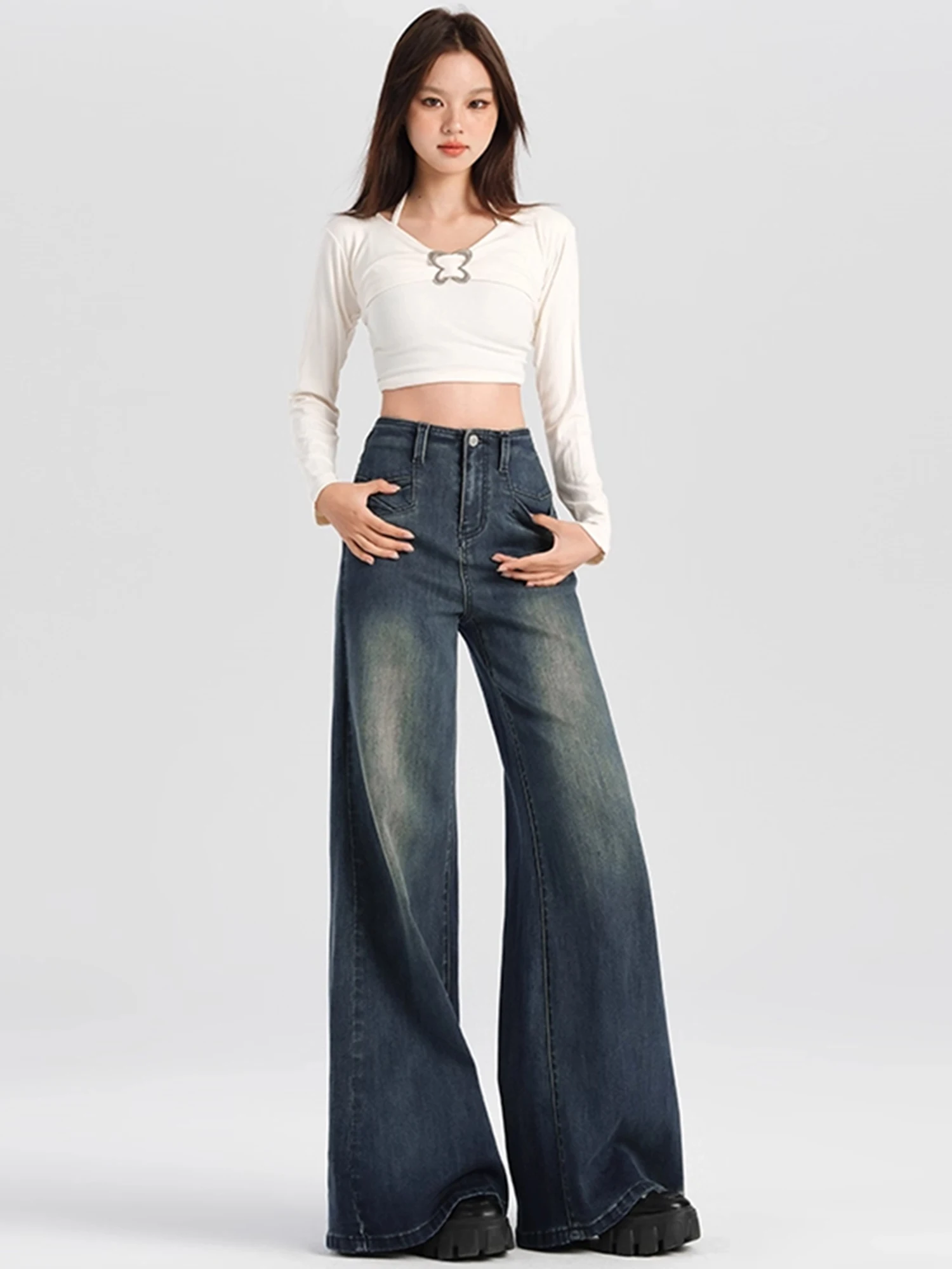 

Retro Blue Jeans Women High Waist American Street Wide Leg Pants 90s Design Straight Baggy Denim Bow Trousers Jeans Pants