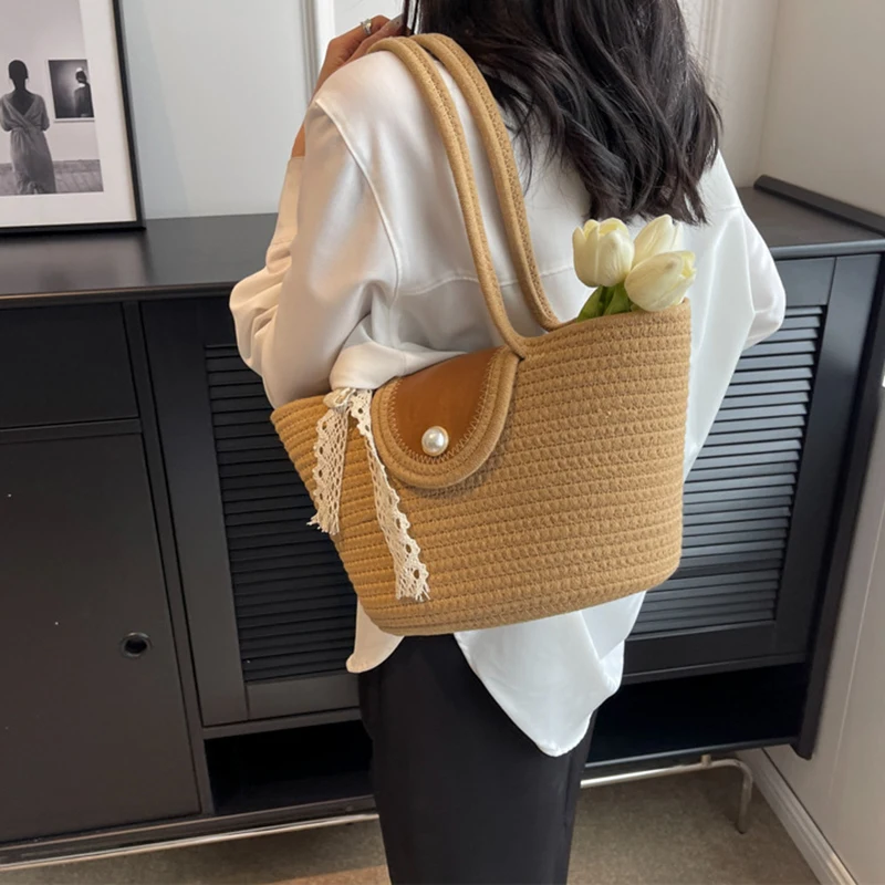 Women's Woven Shoulder Bag New Large Capacity Tote Bag Casual Knit Beach Vacation Handbags Eco Reusable Shopper Pearl Decoration