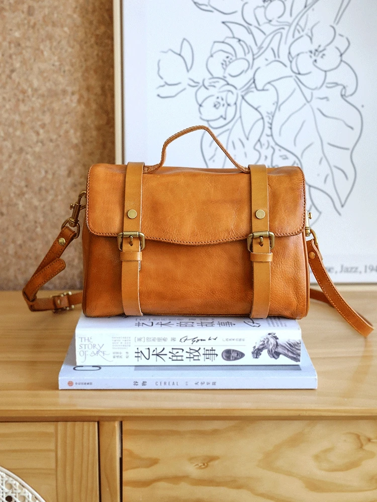 

PNDME vegetable tanned cowhide british academic style ladies' messenger bag designer handmade genuine leather women handbag