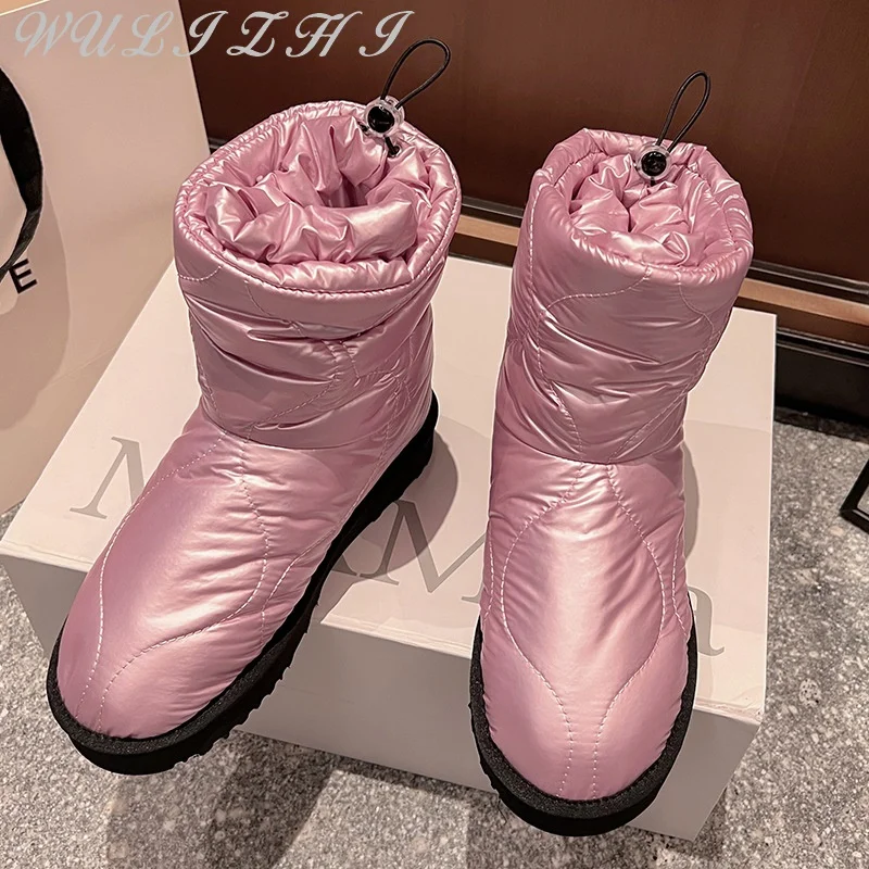 

Pink Round Toe Winter New Short Boots Thickened Flat Down Fabric Slip On Large Size Snow Boots Women's Casual Anti Ski Boots