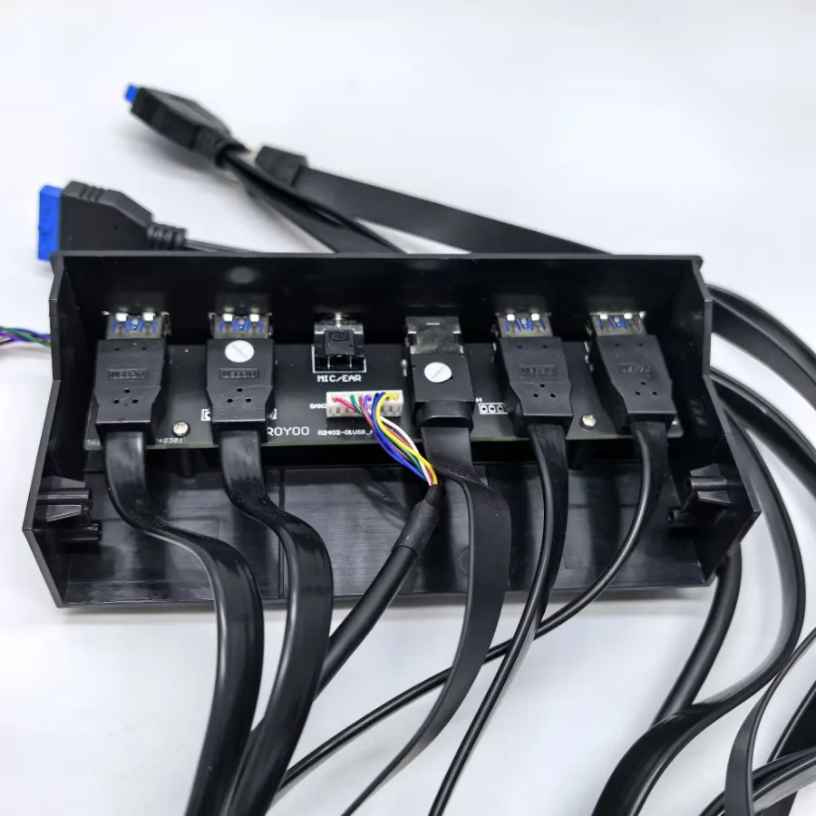 โฮสต์เมนบอร์ดสาย 19P 9Pin ถึง 4 พอร์ต USB 3.0 HD Audio ประเภท E Type-C 3.1 5.25in แผงบาร์ด้านหน้า