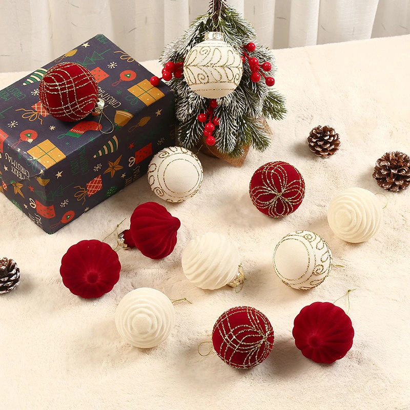 16pcs 6cm Wine Red Christmas Ball Ornaments Dark Green Pink Flocking Christmas Tree Party Decoration Christmas Spheres Pendant