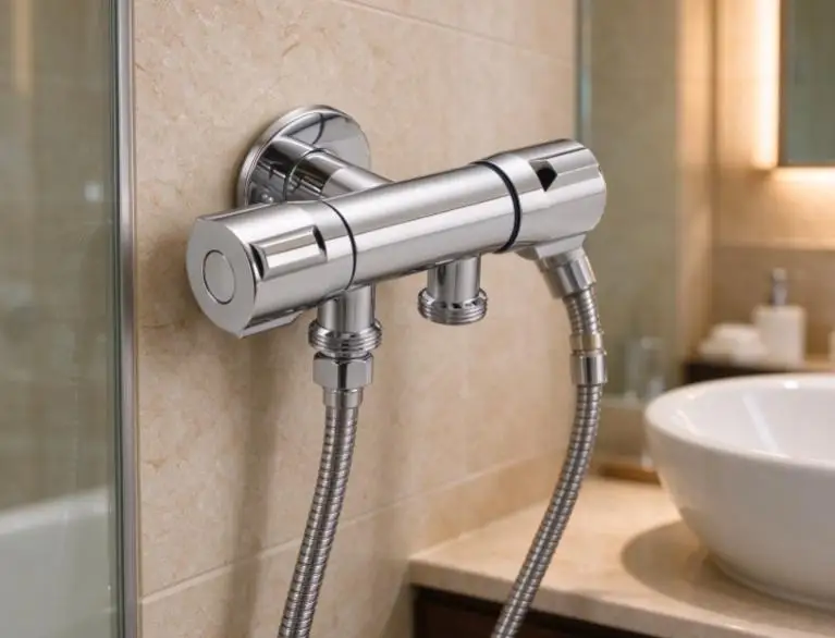 Toilet Dual Outlet Angle Valve Set with Bidet Spray Wand and Wall Mount Shower Faucet Solid Brass 19cm G1/2 Thread