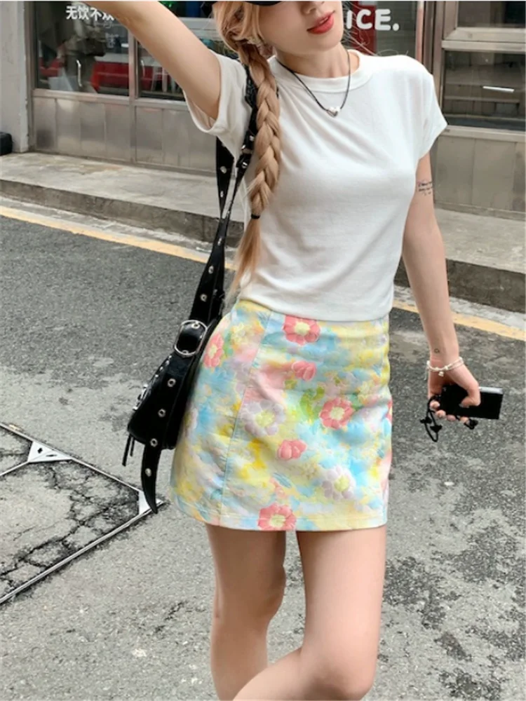 Y2k Summer Small Girl Two Pieces Dress Sets Short Sleeve O Neck White T Shirt Top&High Waist Flower Print A Line Mini Skirt Sets
