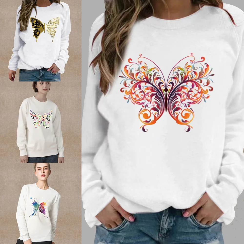 Women\'s O-Neck Tops Round Neck Pullover Spring Autumn White Long Sleeve Sweatshirt Casual Comfortable Butterfly Series Clothes