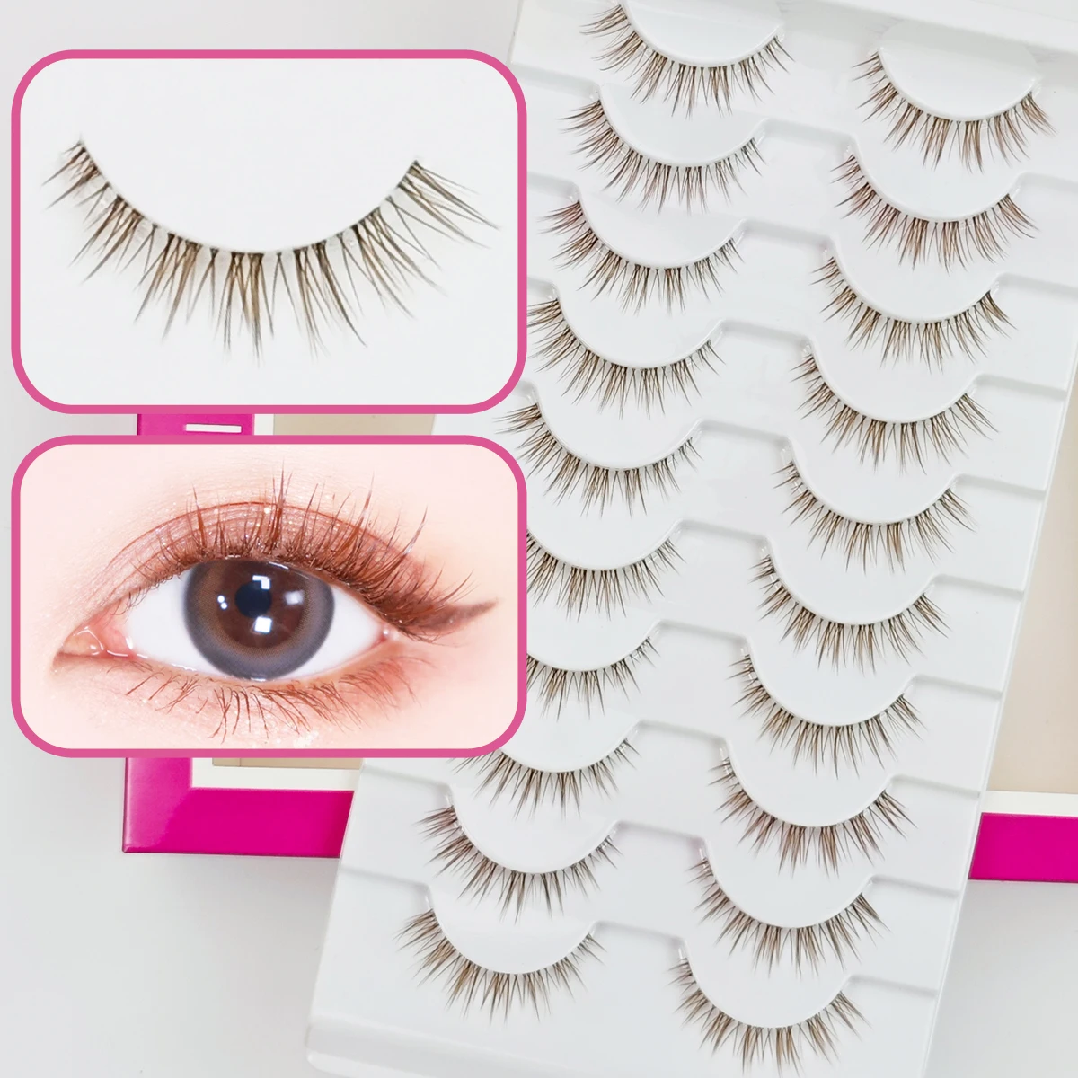 Xuanfeiwu natürliche schräge hellbraune karamellfarbene Wimpern mit transparentem Stiel, vorne kurz und hinten lang, länglich an der Außenecke, falsche Wimpern im Fuchsstil, einteiliges, natürliches Make-up, realistische Wimpern