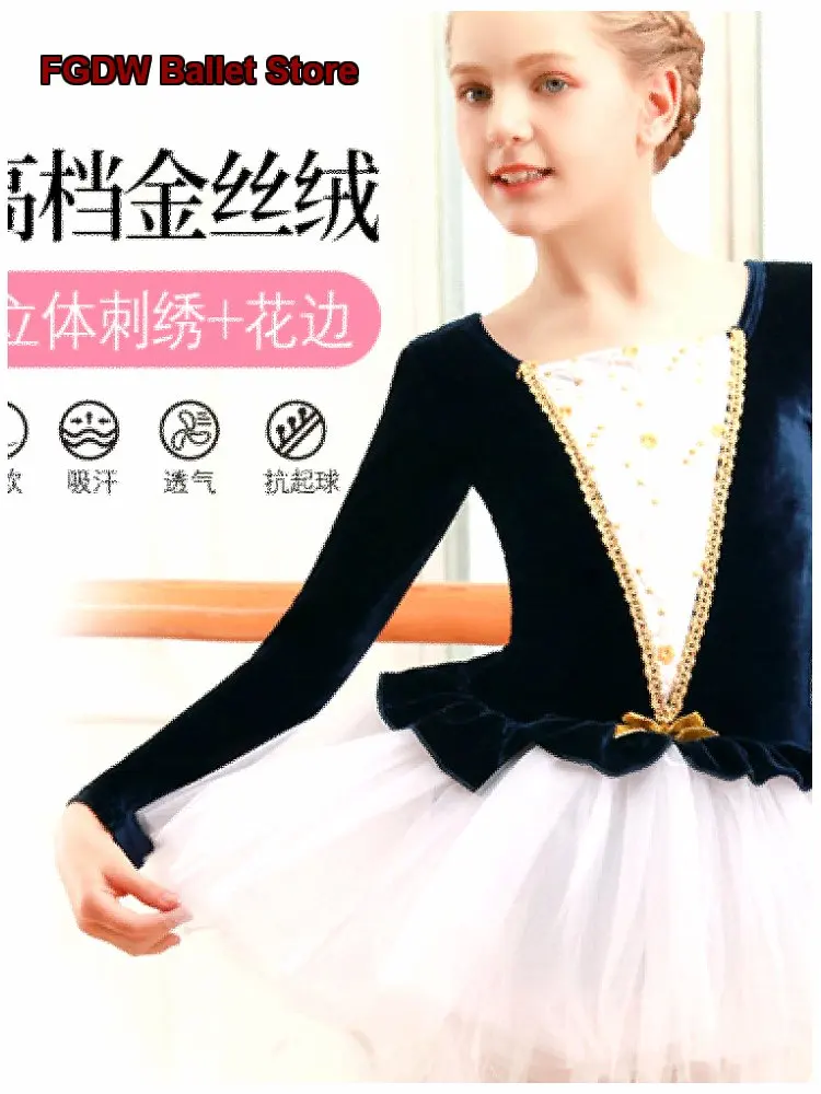 Girls' Autumn Winter Long Sleeve Velvet Thickened Warm Ballet Leotard with Ruffle Detail for Performance and Practice