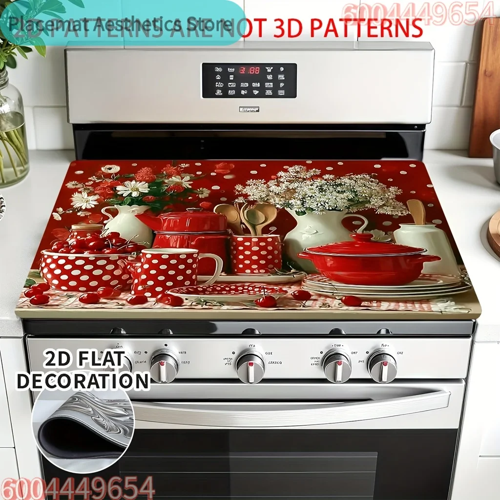 Red and White Polka Dot Stove Cover Mat & Stove Protector Mat - Non-Slip Silicone Drying Mat, Suitable for Induction Cooktops,
