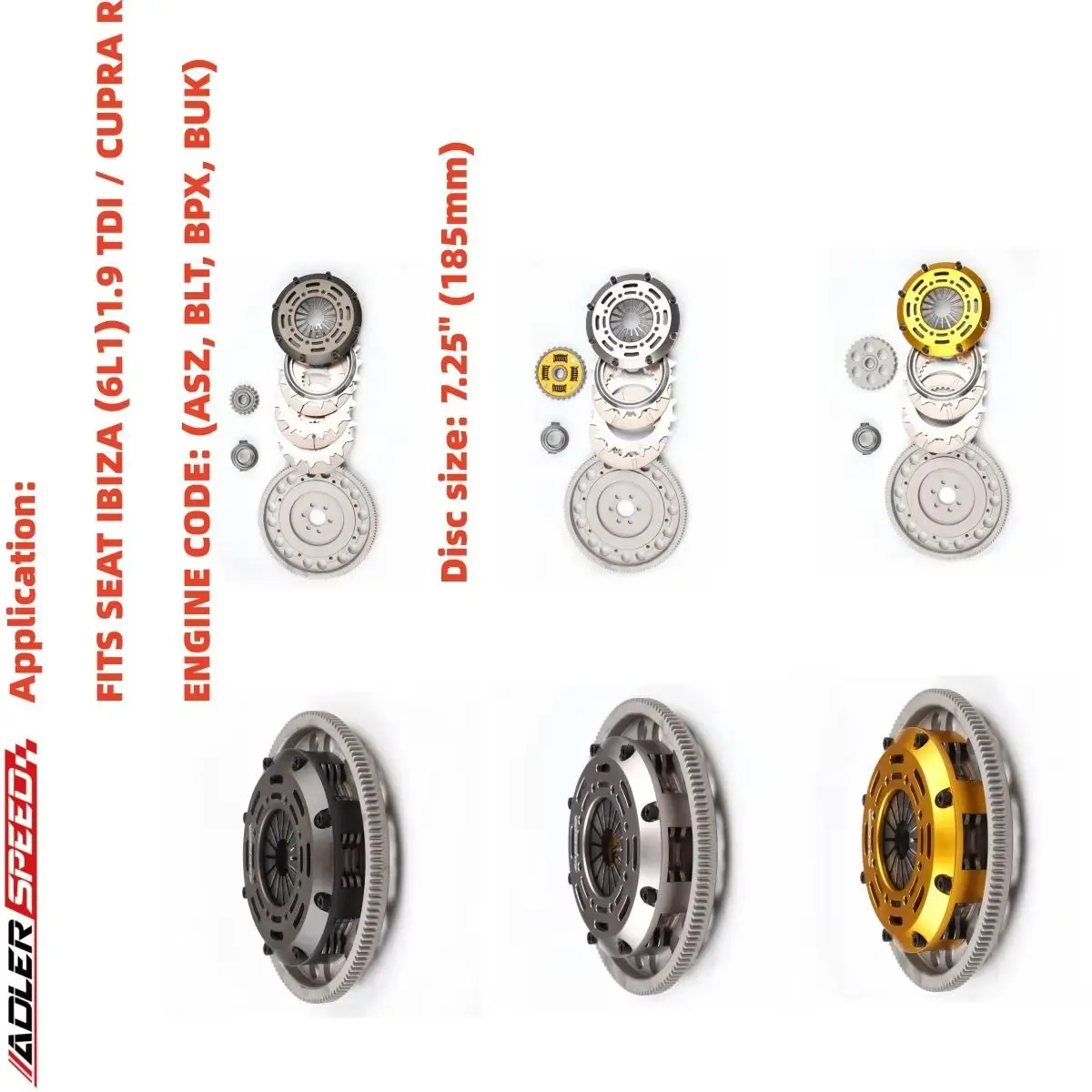 

Комплект гоночной/пружинной муфты ADLERSPEED, одинарный/двойной/тройной диск для SEAT IBIZA (6L1)1.9 TDI/CUPRA R, код двигателя (ASZ, BLT, BPX, BUk)