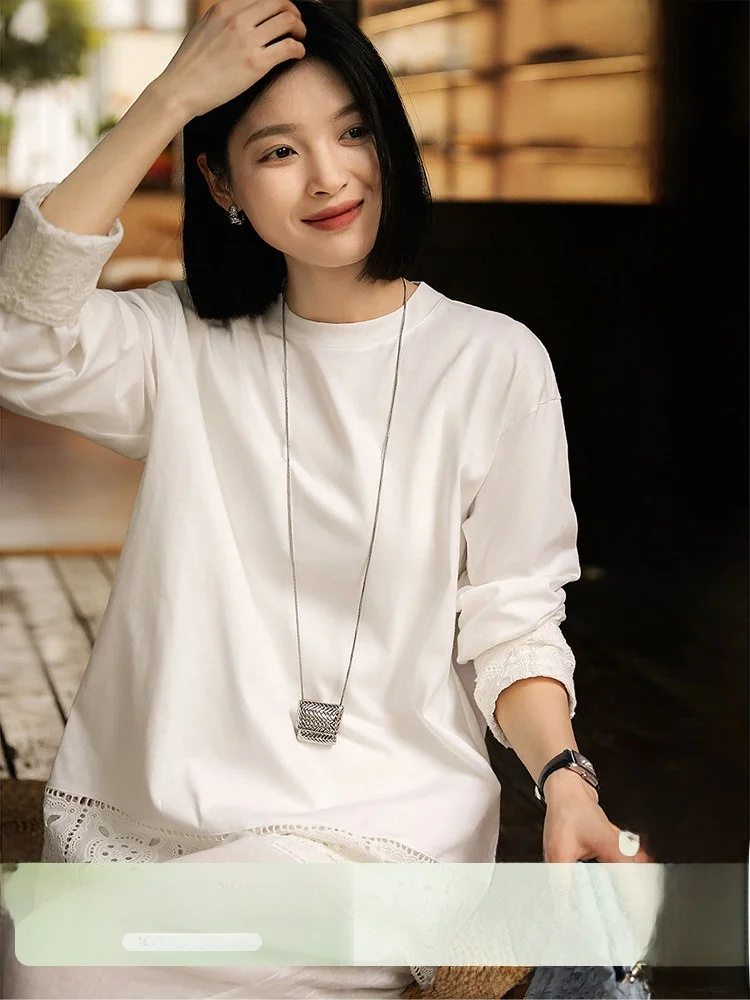 

Spring Mist Rose Pure Color Casual round Neck Cotton T-Shirt Bottom Hem Hollow out Splice Design Breathable Thin Ladies Top