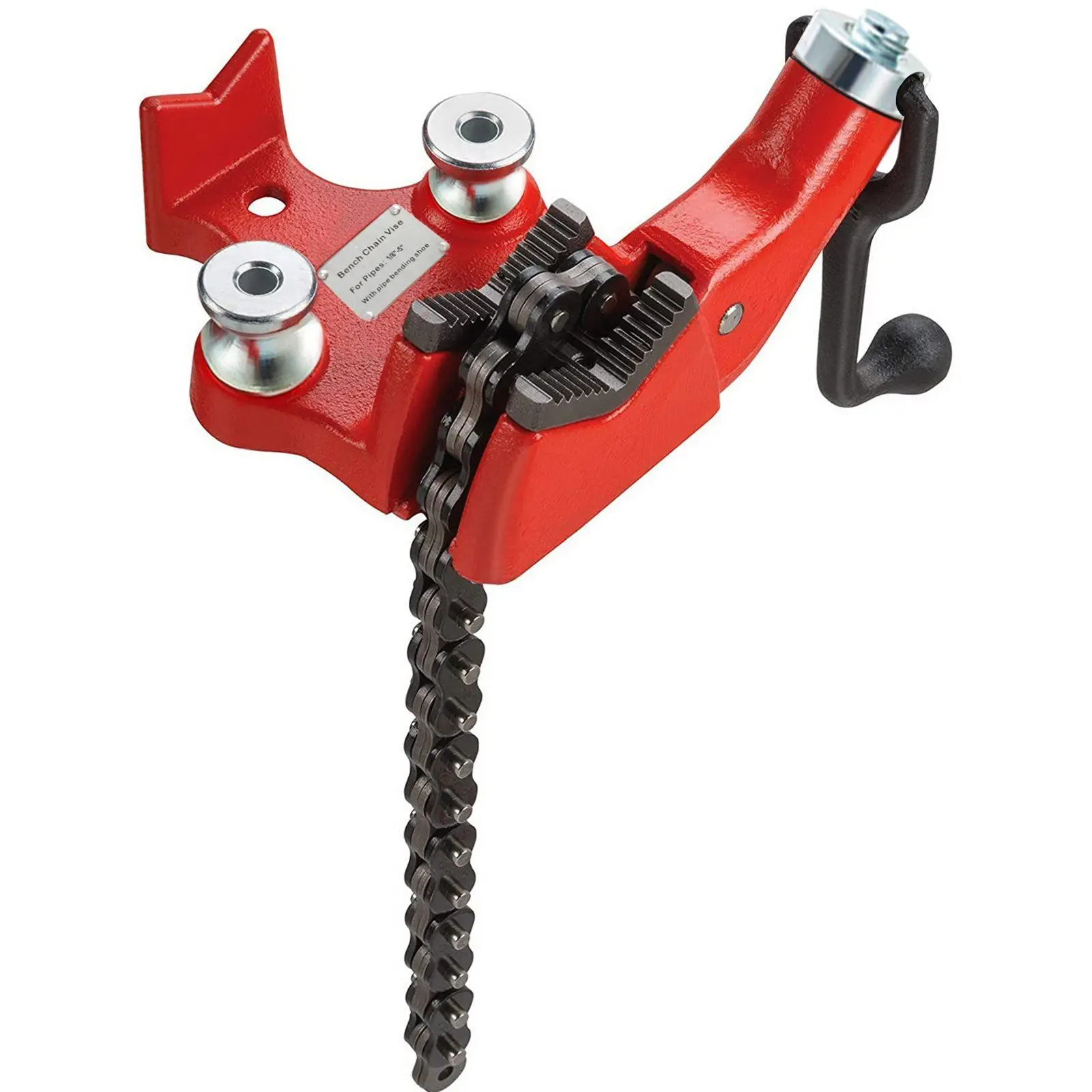 

1/8"-5" Pipe Capacity Chain Vise – Cast Iron w/ Neoprene Jaws – Crank-Handle Bench Clamp (Heavy-Duty Pipe Holder)