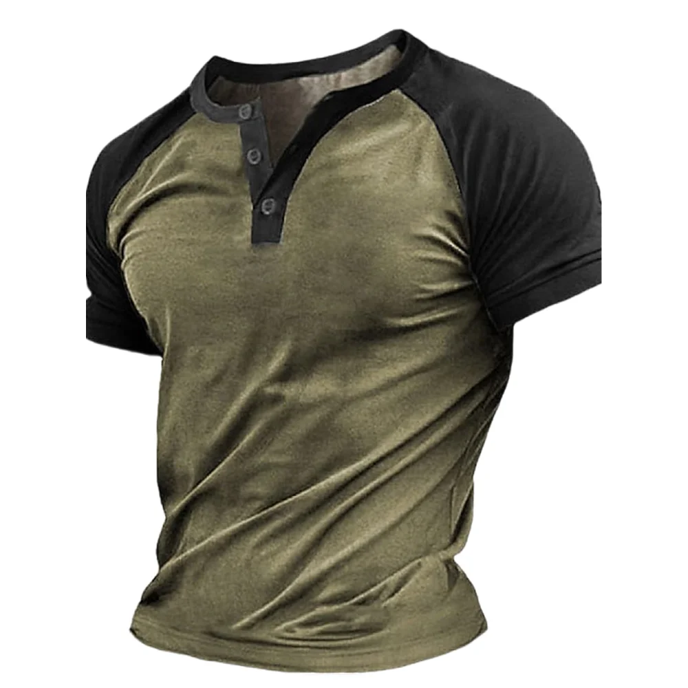 

Men's Henley T Shirt Summer 3D Colour-blocking Print Button Short Sleeve Street Vintage Casual Oversized Breathable Men Clothing