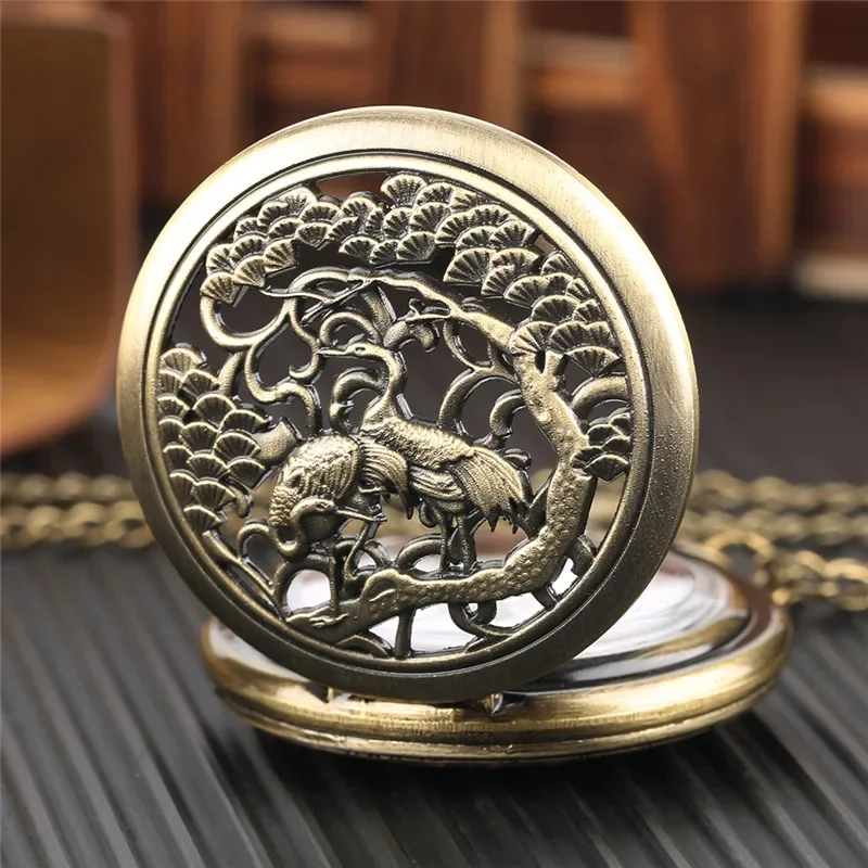 Vintage Hollow Crane Birds Pattern Men Women Quartz Analog Pocket Watch Arabic Number Dial Pendant Necklace Chain Gift Reloj