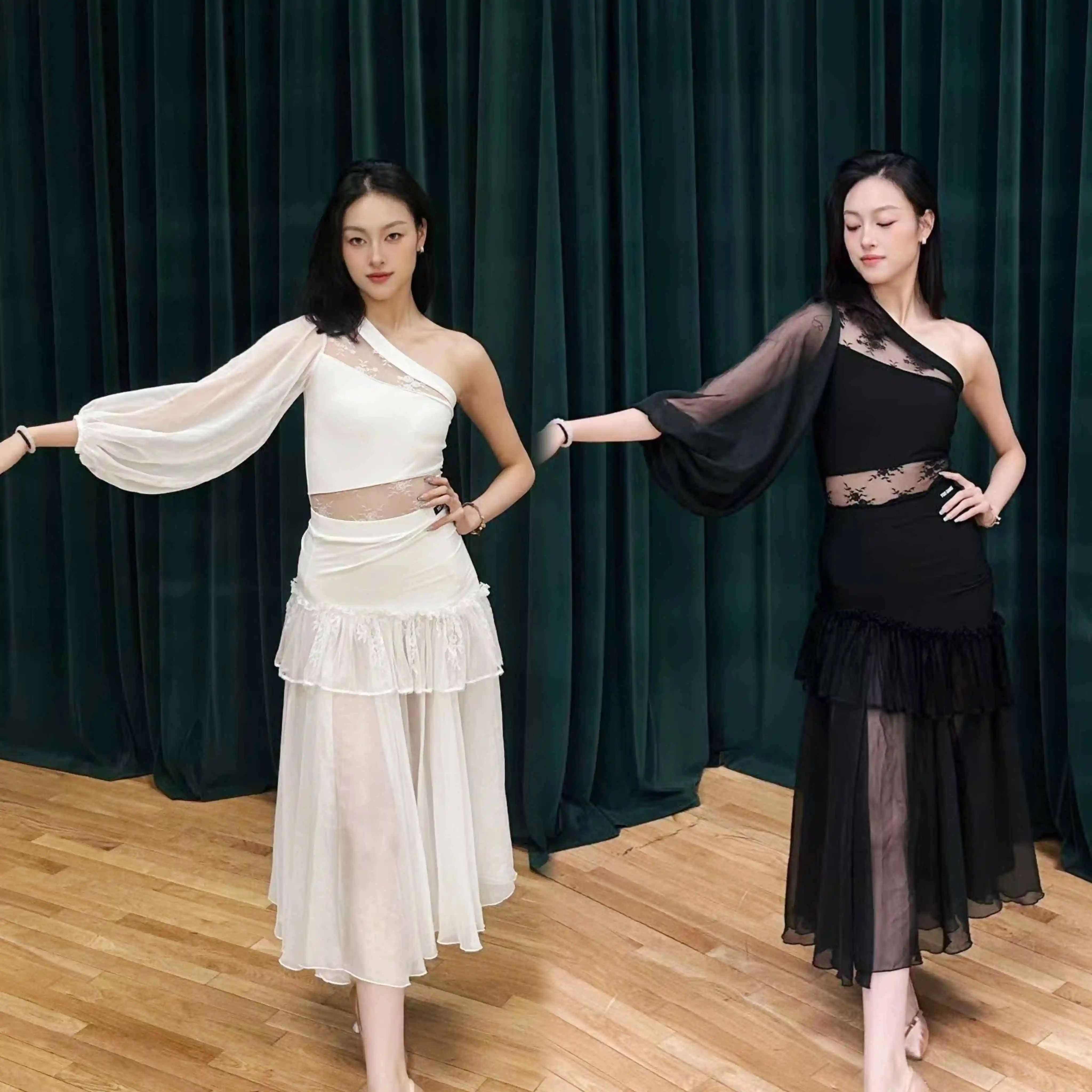 

Женские платья для бальных танцев, одежда для занятий вальсом, топы с одним плечом и рукавами-фонариками, кружевная юбка, одежда для выступлений 1575