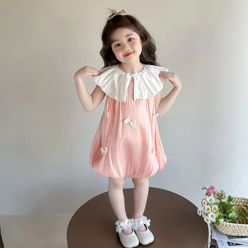 

2025 Summer New Sleeveless Dress with Bow, Fashionable and Western Style Korean Version Doll Neck Casual Princess Skirt