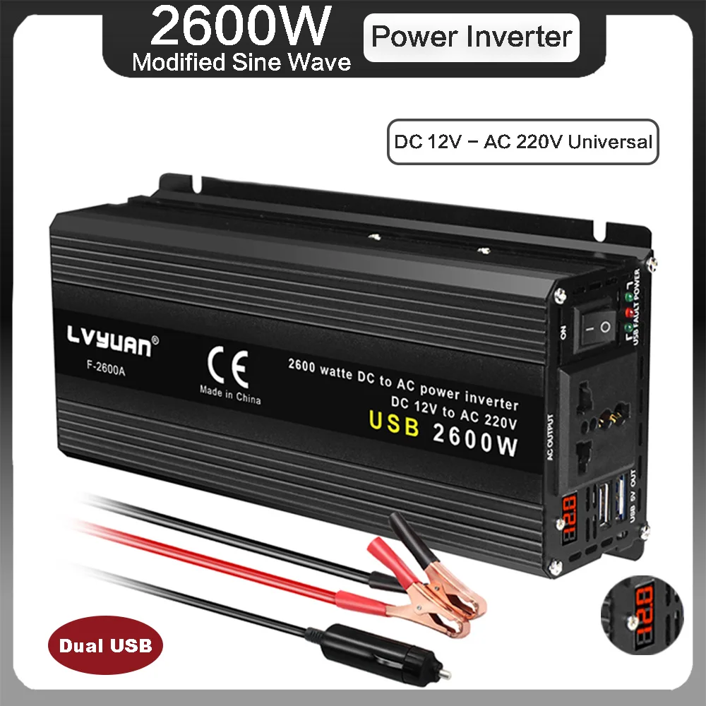

1500W/2000W/2600W Power Inverter Modified Sine Wave DC 12V TO AC 220V Car Converter 50Hz Universal Socket Dual USB Adapter