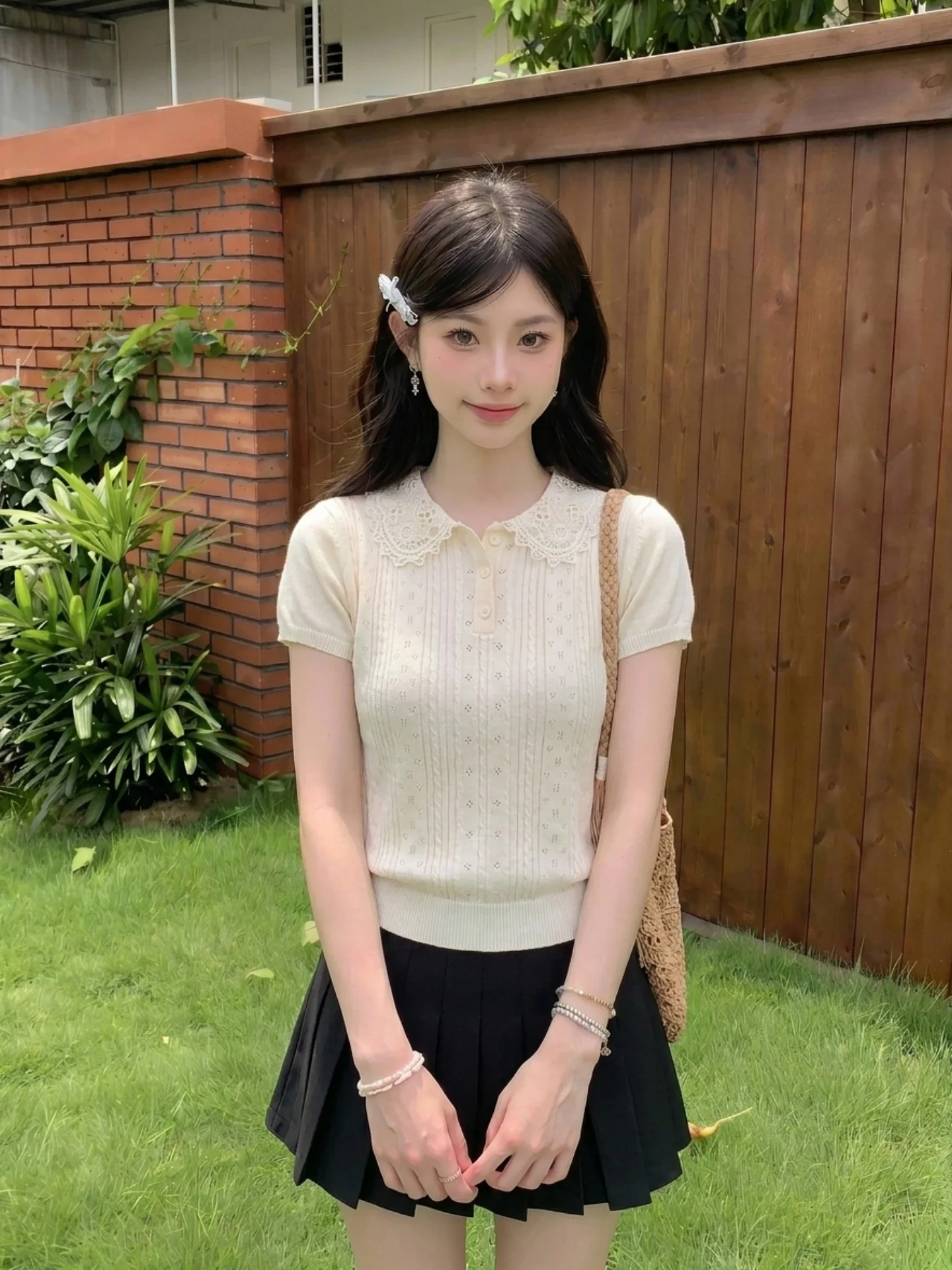 Light Beige Lace Doll Collar Short Sleeve Knitted Top for Women Summer New Style Gentle Ageless Korean Style Standard Fit T-s...