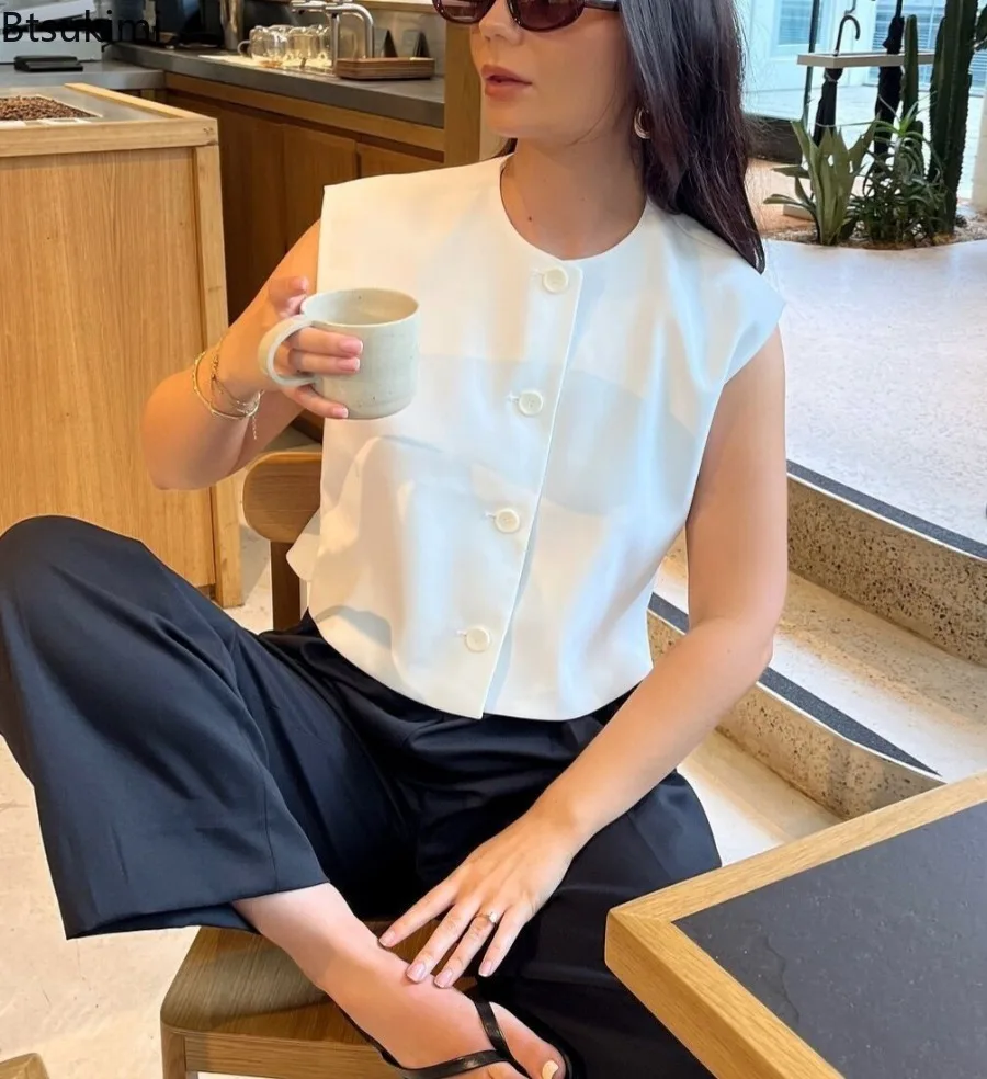 

2025 Новая женская уличная рубашка без рукавов с круглым вырезом, шикарная короткая майка, женская повседневная деловая базовая рубашка, укороченный жилет, топы