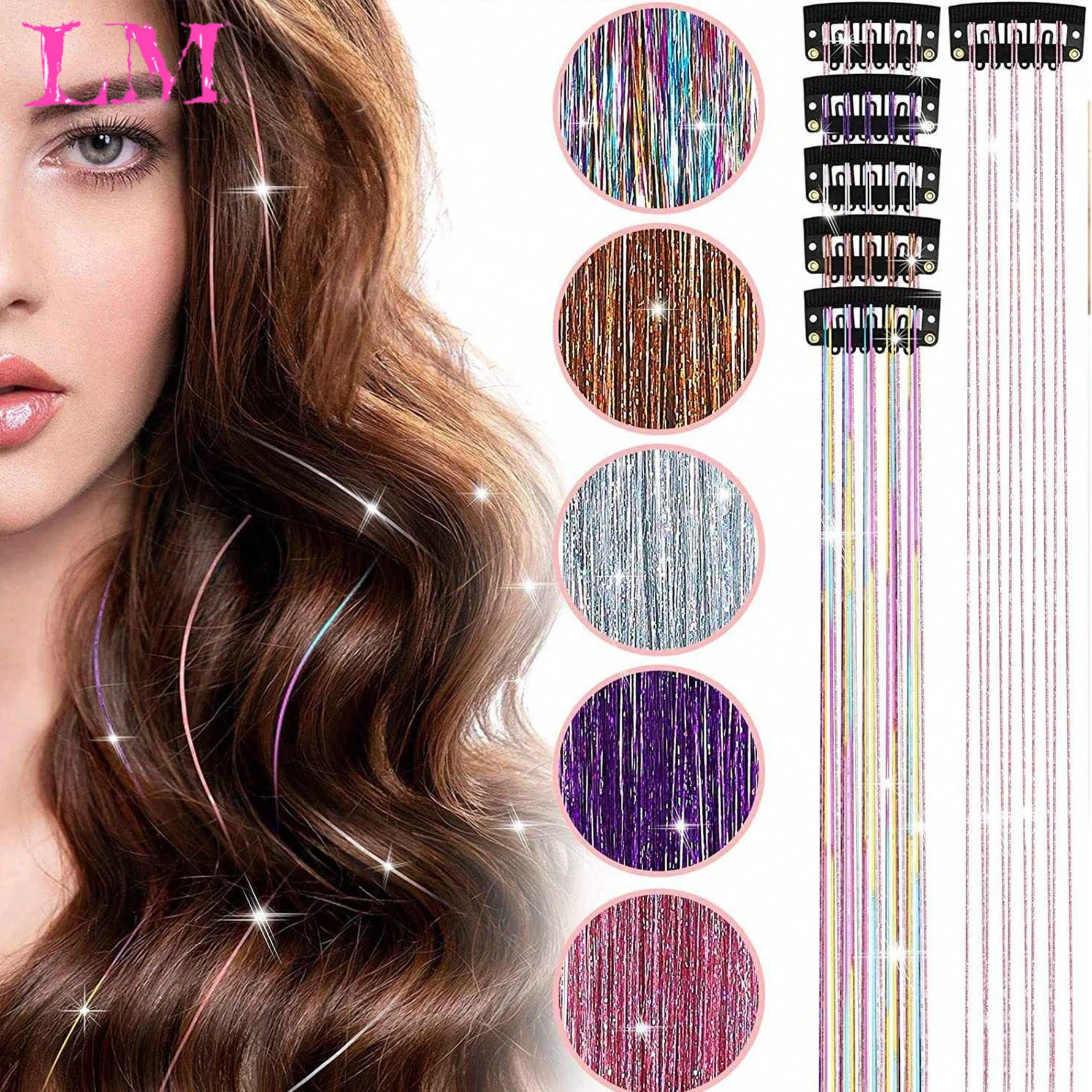 LM 12Pcs Synthetic Hair Tinsel 20Inch Clip in Glitter Tinsel Hair Clip in Hair Tinsel Kit Heat Resistant Shiny Sparkle Fairy Hai