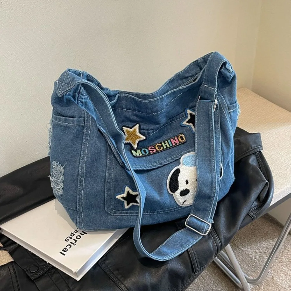 Cartoon Embroidery Denim Canvas Shoulder Bag Handbag Casual Messenger Bag Daily Commuting Bag Large Capacity Travel Totes Bag