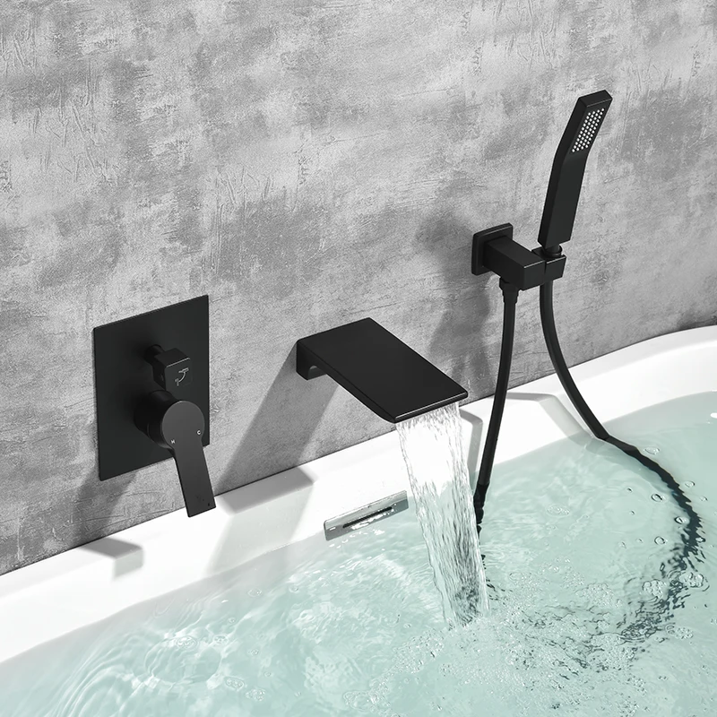 

Wall Mount Bathtub Faucets with Sprayer Waterfall Tub Filler Tub Shower Faucet Set with Rough-in Valve Trim Kit Matte Black