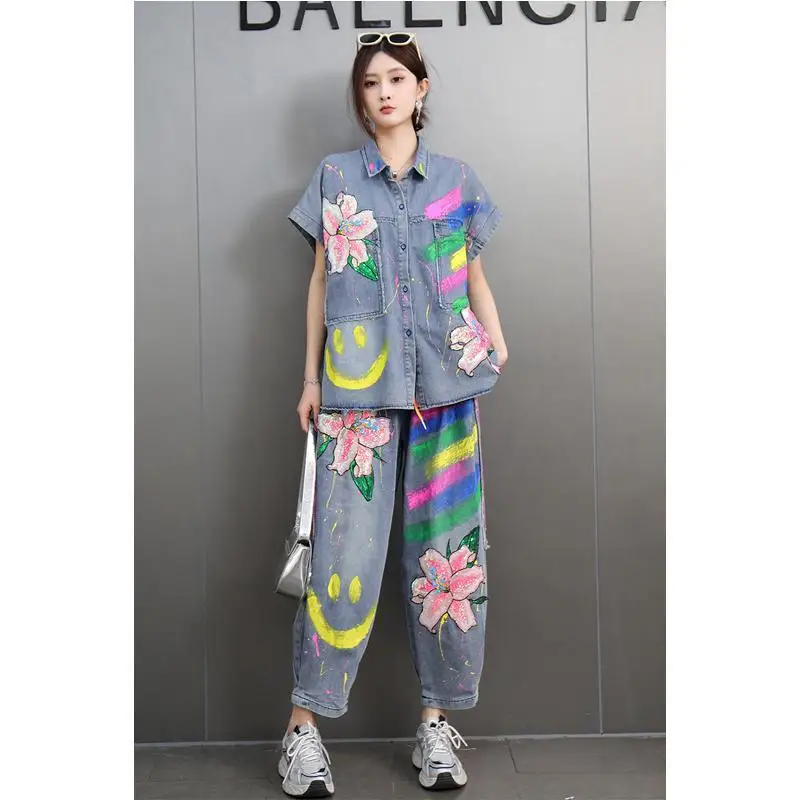 

Niche Design Sense 2025 Spring New Denim Suit Women's Heavy Industry Sequin Embroidery Jacket Haren Pants Loose костюм женский