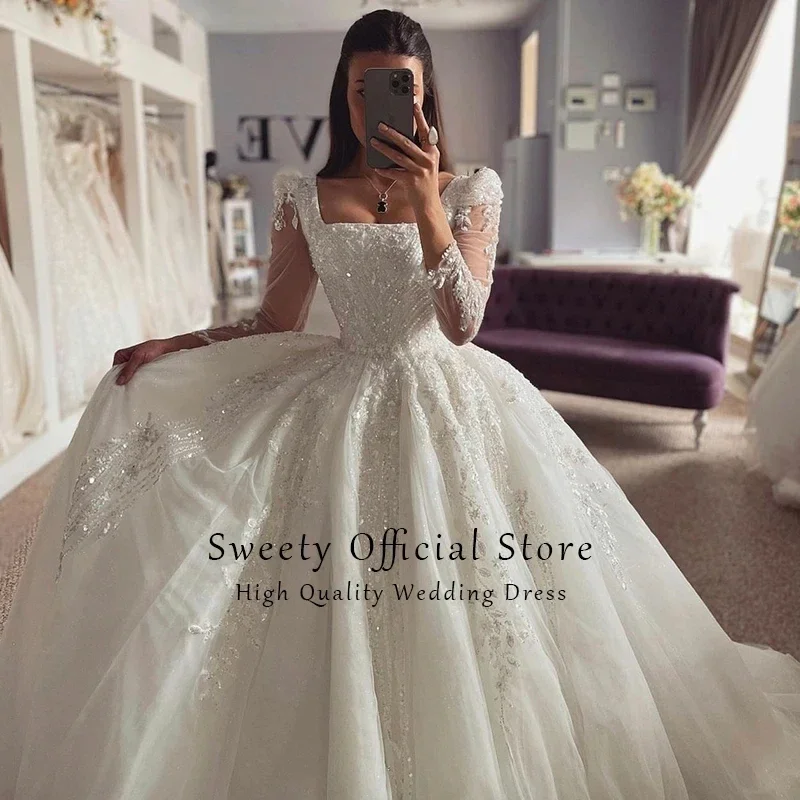 Shiny Chic Wedding Dress Organza With Embroidery Bead Ball Gown Square Collar Full Sleeve Bridal Vestido De Novia Customized