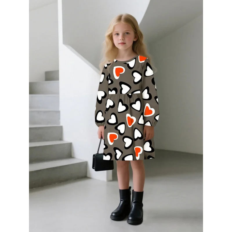 Girls Retro Multi-Color Heart Print Long-Sleeved Dress Versatile Children's Fashion Skirt 2026