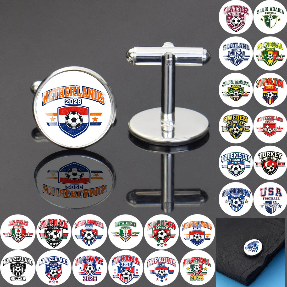 1Pair Round Glass Cufflinks in The Shape of 2026 Football Shield Suitable Sports Fans To Cheer for Events Team Activities Daily