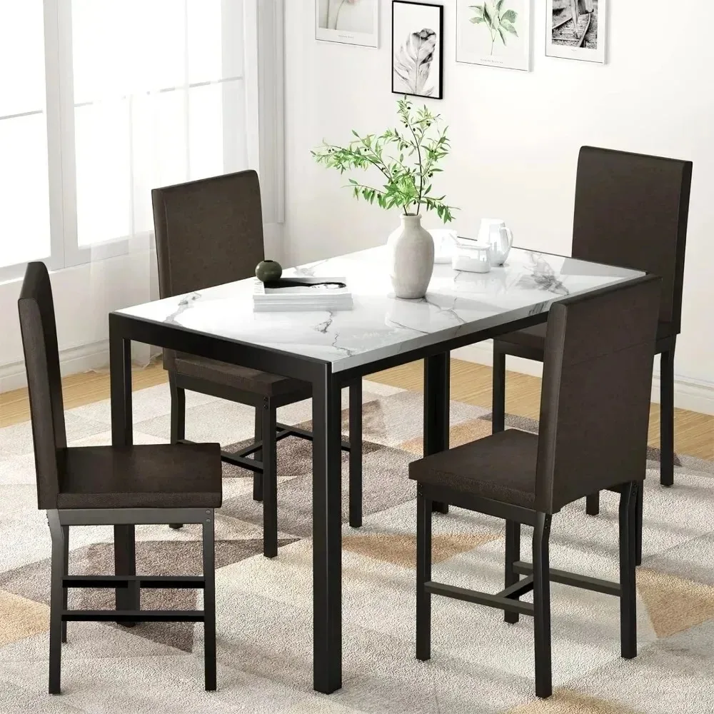 Dining Table Set 5 Pieces Marble Sets, Table 4 w/Faux Leather Metal Frame Chairs for Dining Room, Kitchen, Breakfast Corner